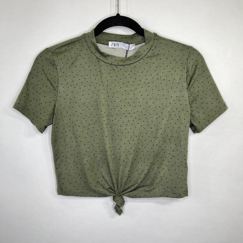Zara Polka Dot Crop Top Shirt Short Sleeve Green Black Size Small New
